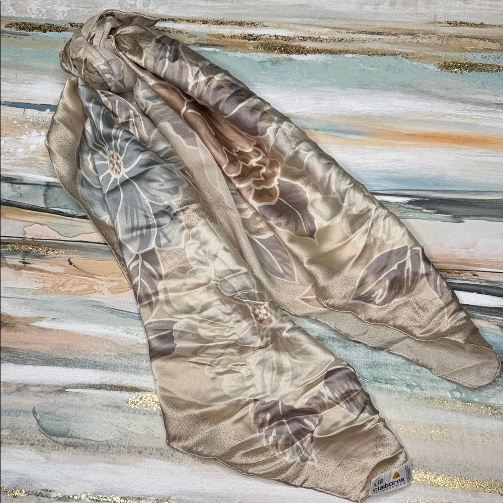 Liz Claiborne Vintage Silk Floral Scarf with Neutral Tones